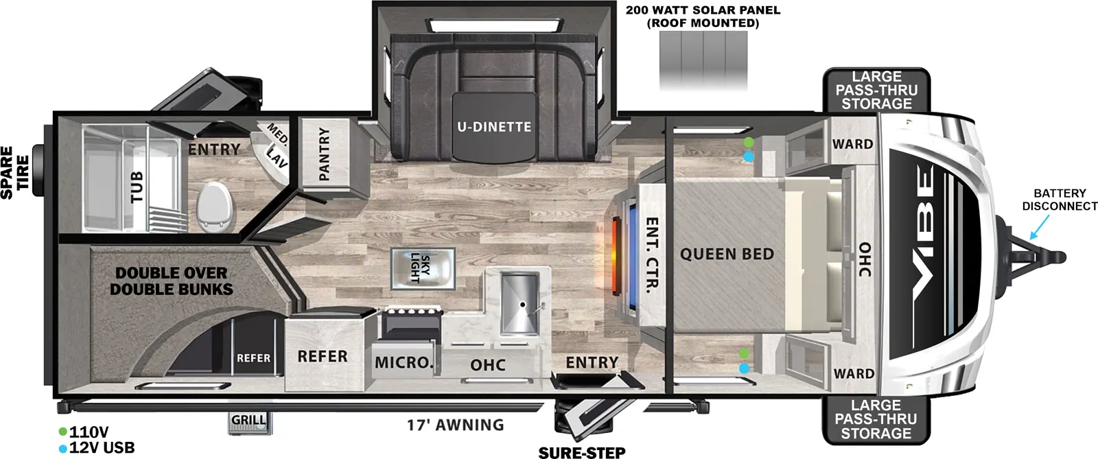 The Vibe West 24DB floorplan has two entries and one slide out. Exterior features include: fiberglass exterior, 17' awning and outside kitchen. Interiors features include: bunk beds, u-dinette and front bedroom.